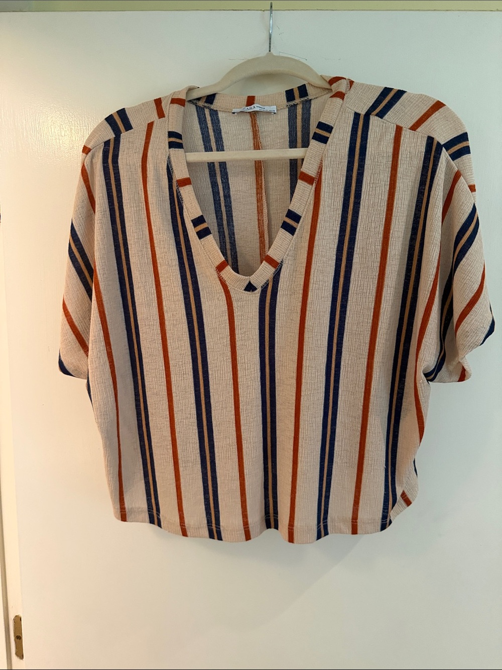 Zara Striped V-Neck Boxy Top in Cream, Navy & Rust - Women